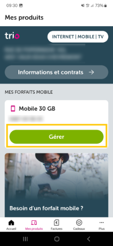 Screen de l'application myvoo pointant vers le bouton "Gérer" dnas l'onglet "mes produits"