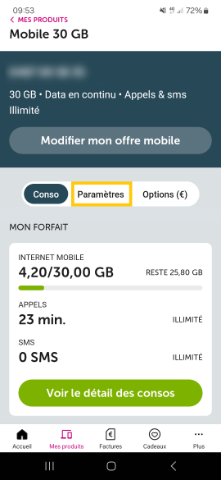 Screen de l'application myvoo pointant vers les paramètres de la page "mes produits"