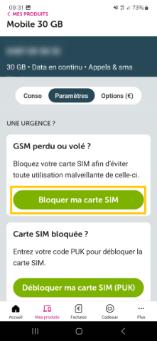 screen de l'application myvoo pointant vers le bouton "Bloquer ma carte SIM" dans les paramètres mobile