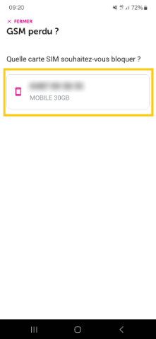 Screen de l'application myvoo mettant en évidence la carte SIM à bloquer