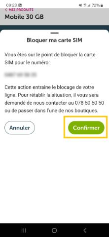 screen de l'application myvoo indiquant le bouton "Confirmer" pour bloquer la carte SIM